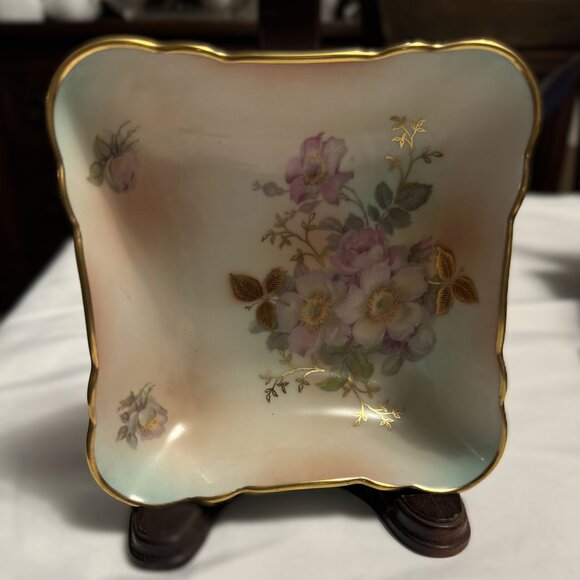 Vintage SCHUMANN ARZBERG Wild Rose Square Bowl Candy Trinket Dish Gold Trim - Picture 10 of 12